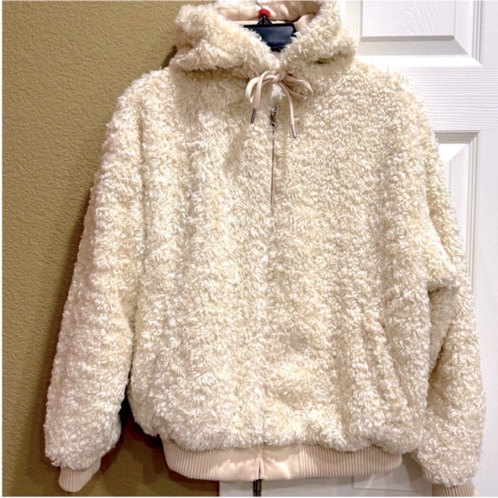 Zara Cream Teddy TRF Sherpa Bomber hoodie jacket  sz XS